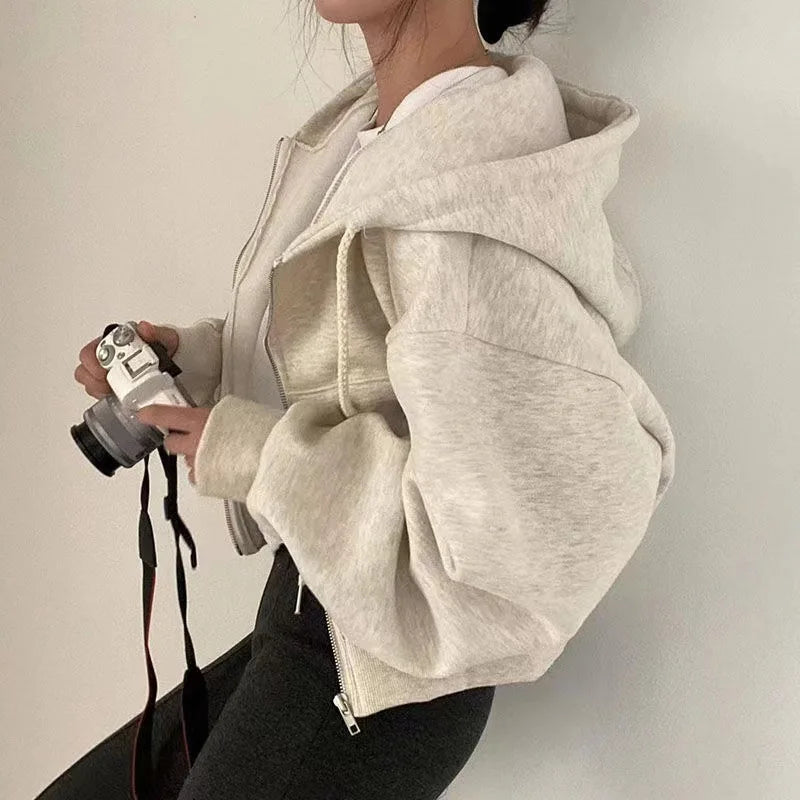 Women's Fleece-Lined Zip-Up Hoodie – Cozy Loose Fit Long Sweatshirt