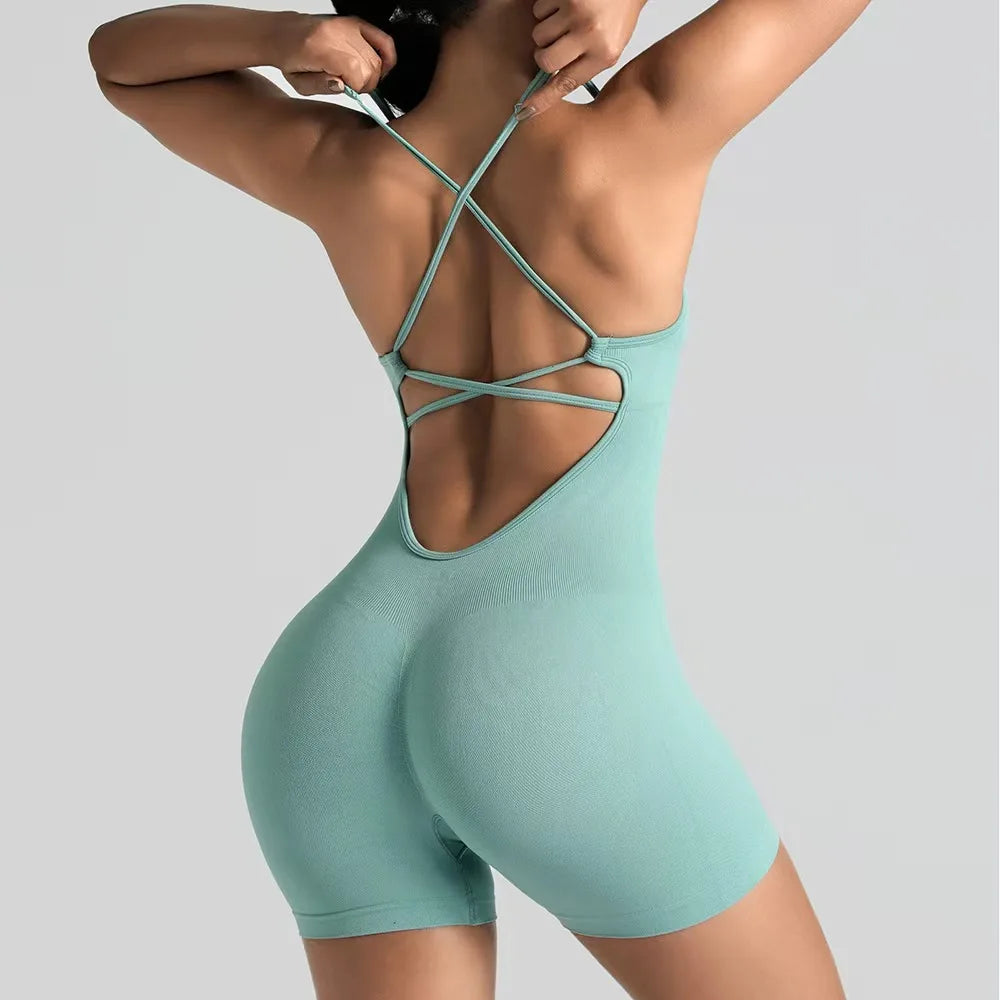 Women's Slim-Fit Shorts Jumpsuit Seamless Back Workout