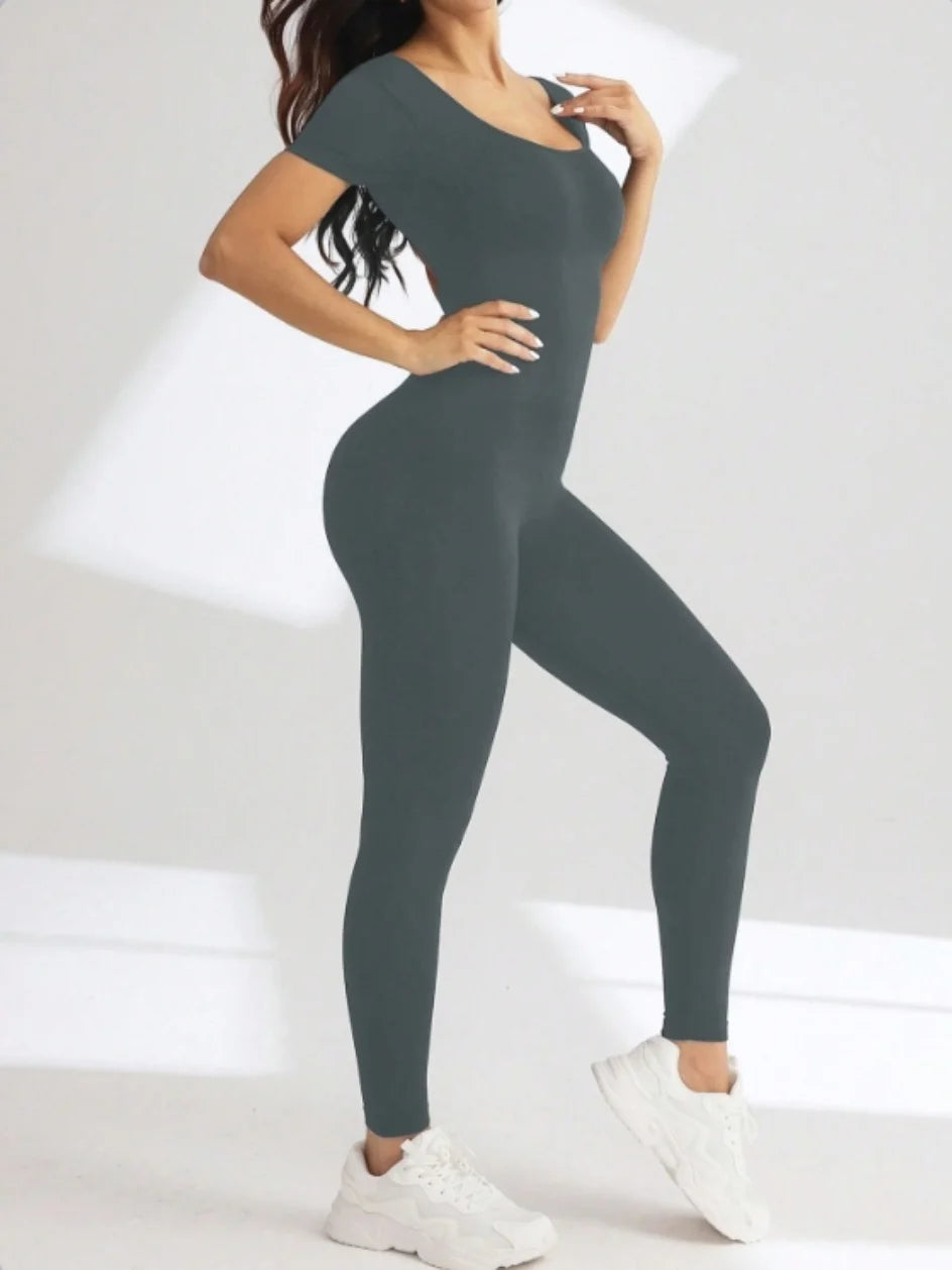 One piece seamless spandex U-neck short sleeved bodysuit