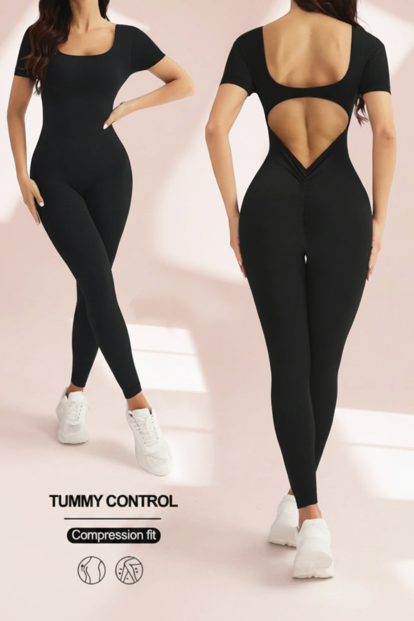 One piece seamless spandex U-neck short sleeved bodysuit