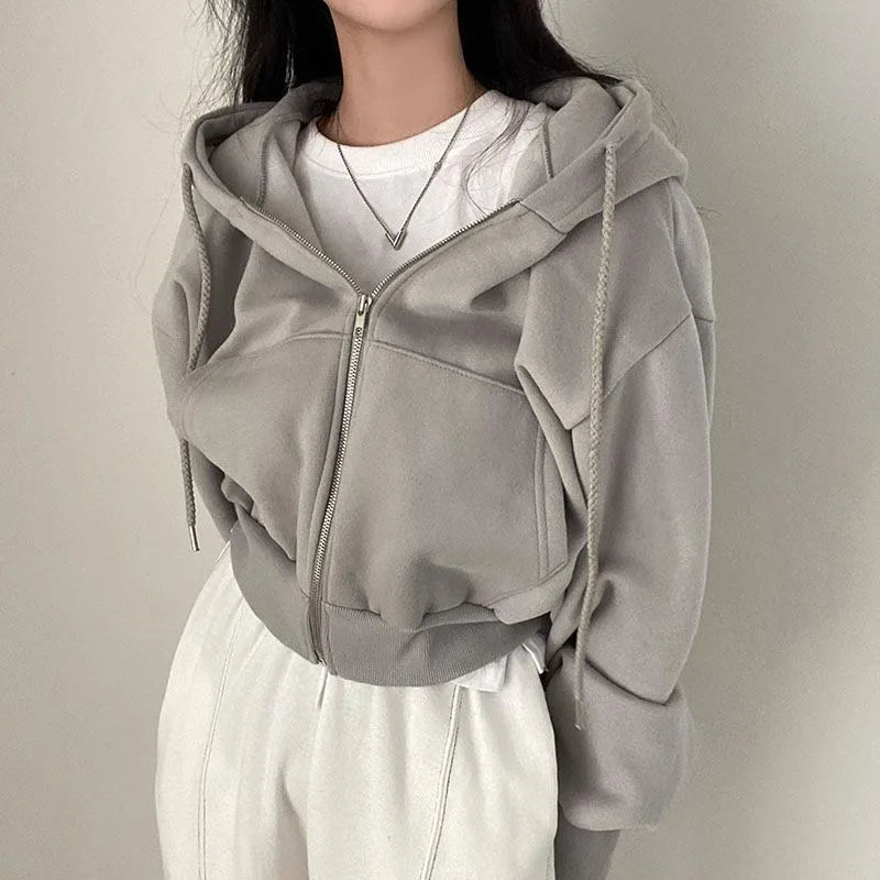 Women's Fleece-Lined Zip-Up Hoodie – Cozy Loose Fit Long Sweatshirt