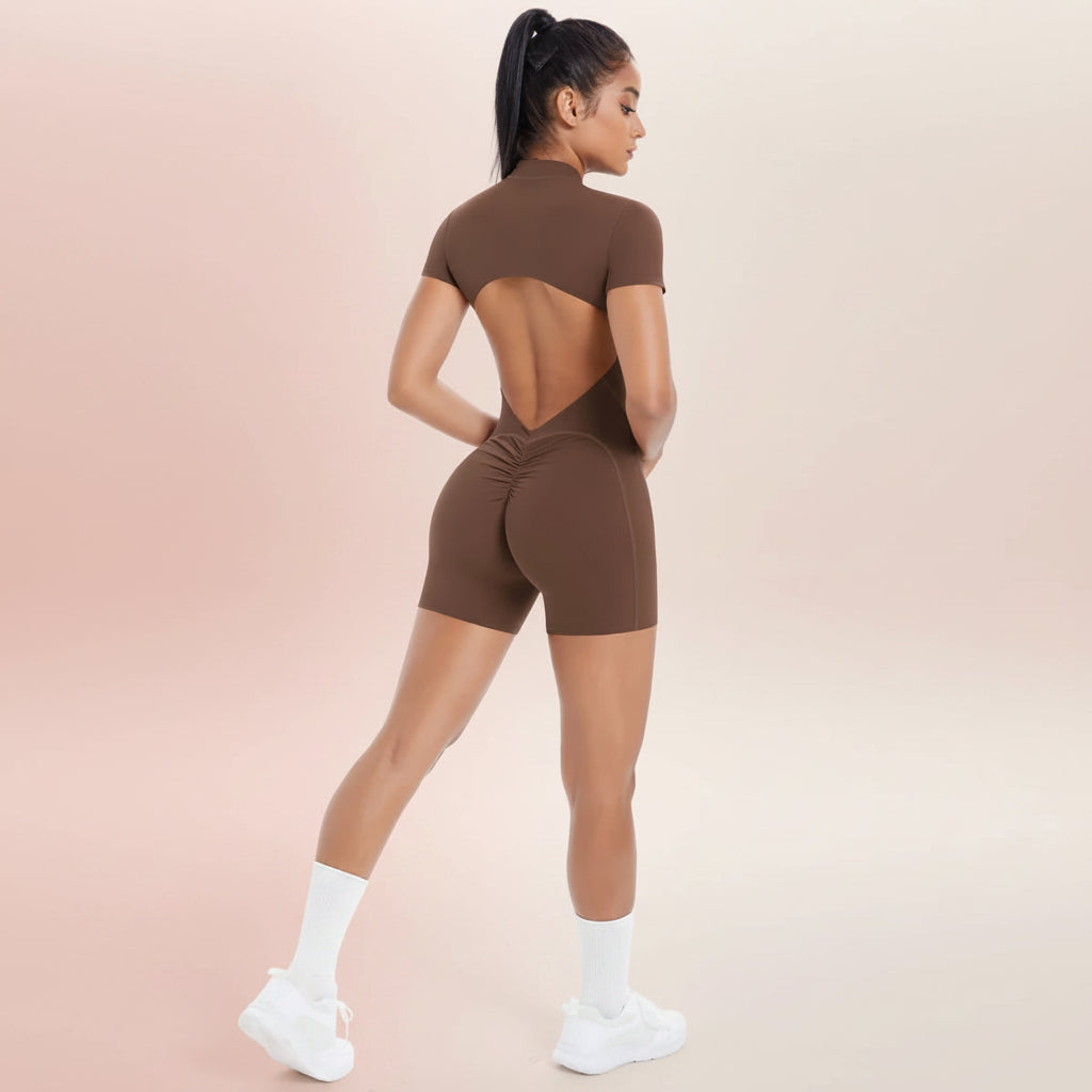 Hollow Out Backless Short Sleeved Zipper Jumpsuit for Woman Jumpsuit