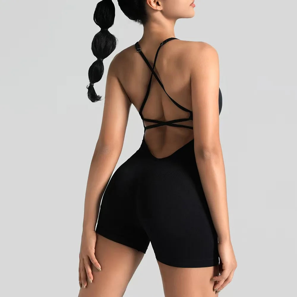 Women's Slim-Fit Shorts Jumpsuit Seamless Back Workout
