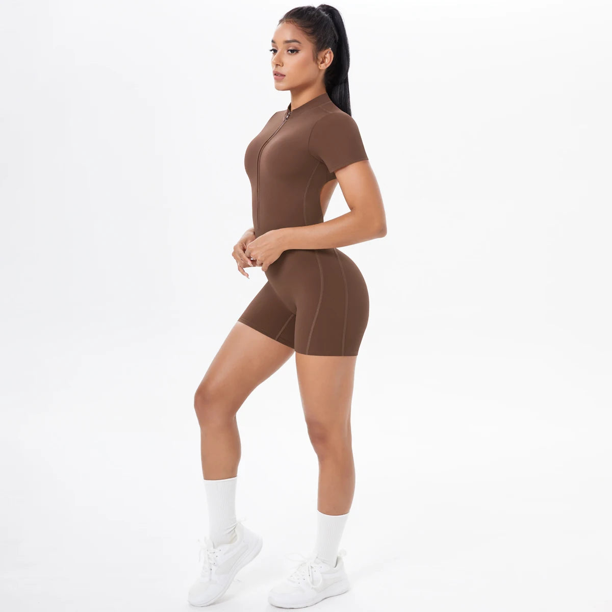 Hollow Out Backless Short Sleeved Zipper Jumpsuit for Woman Jumpsuit