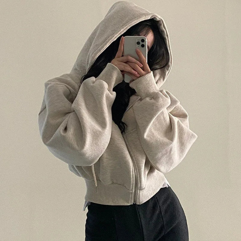 Women's Fleece-Lined Zip-Up Hoodie – Cozy Loose Fit Long Sweatshirt