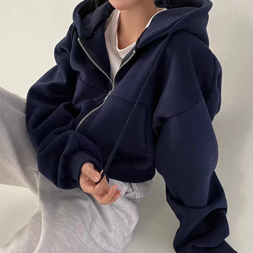 Women's Fleece-Lined Zip-Up Hoodie – Cozy Loose Fit Long Sweatshirt