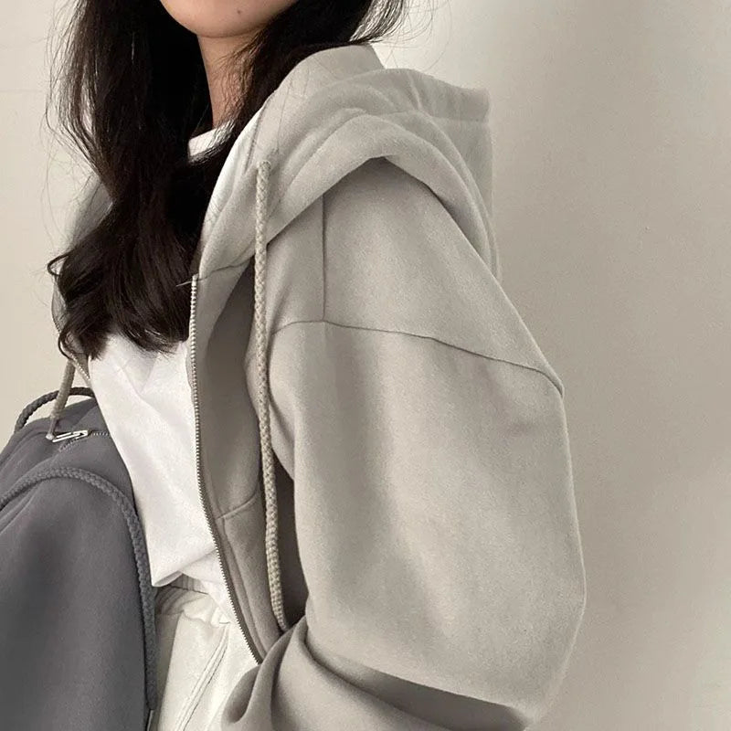 Women's Fleece-Lined Zip-Up Hoodie – Cozy Loose Fit Long Sweatshirt
