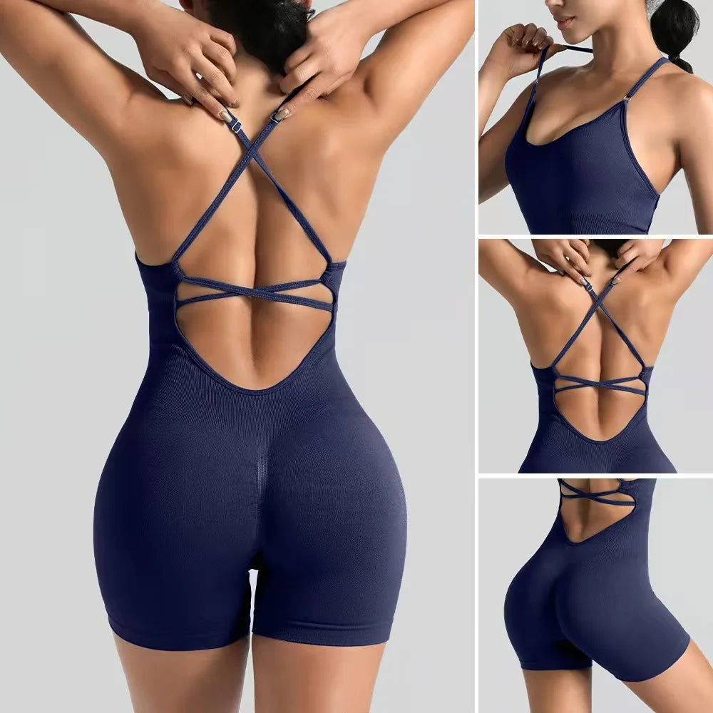Women's Slim-Fit Shorts Jumpsuit Seamless Back Workout