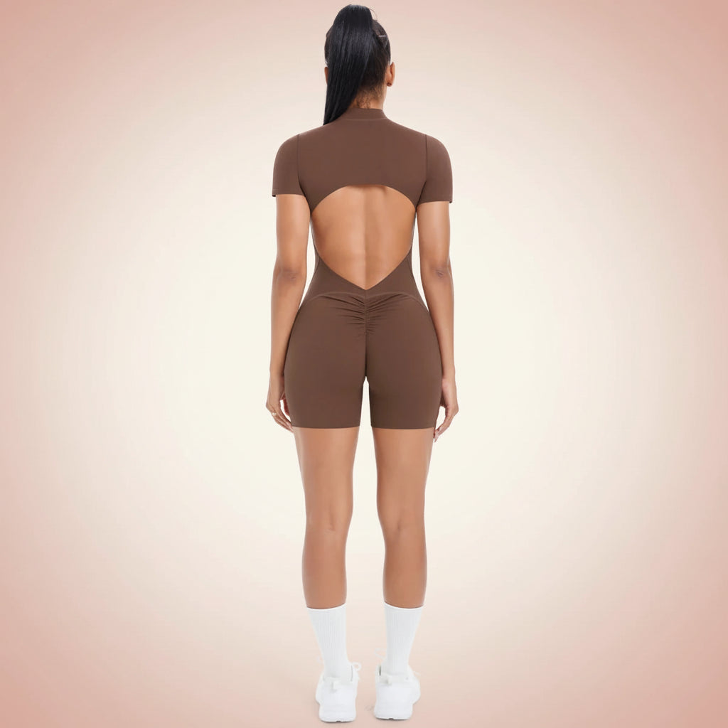 Hollow Out Backless Short Sleeved Zipper Jumpsuit for Woman Jumpsuit