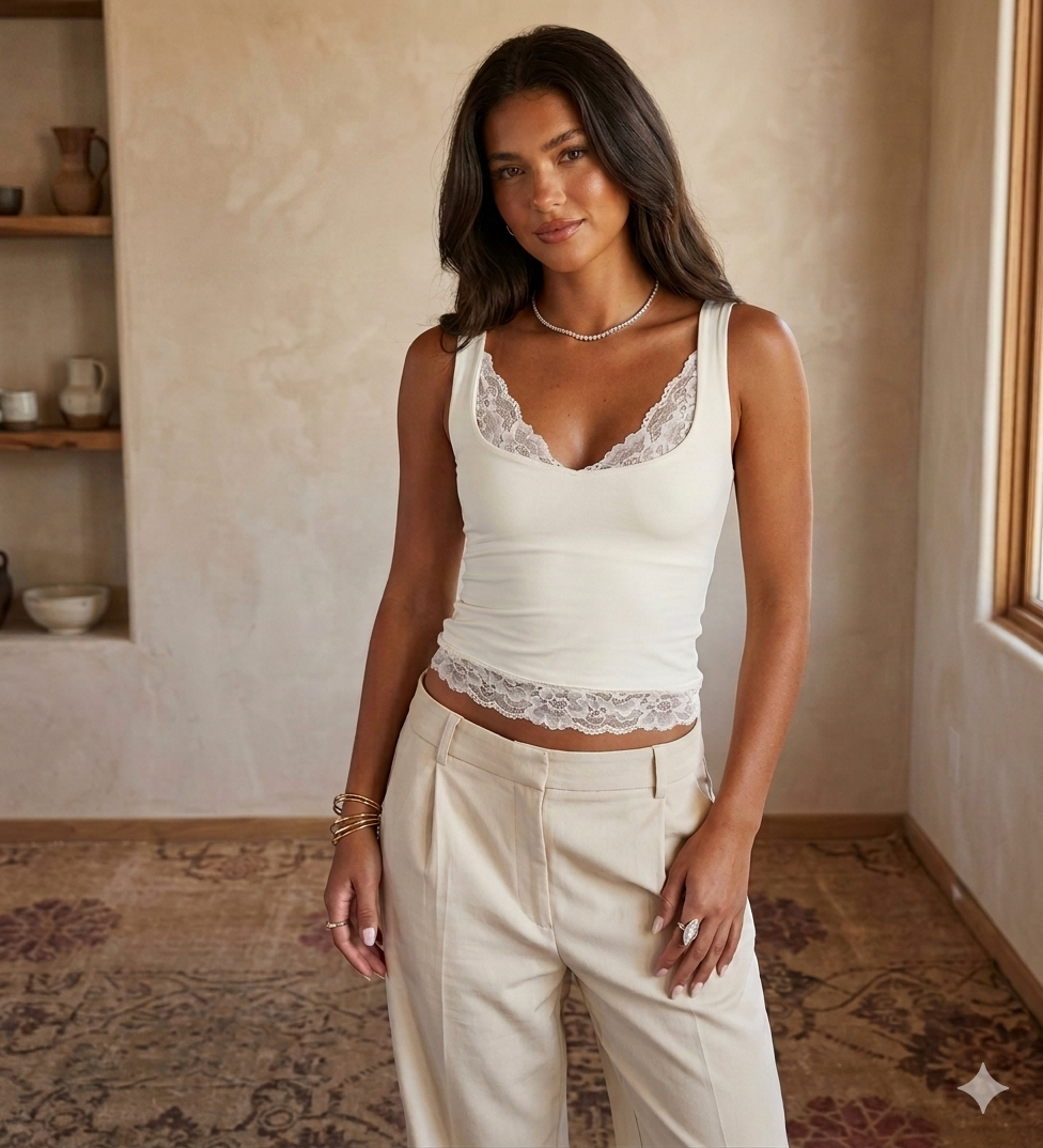 Square Neck Backless Lace Ruffle Tank Top – Elegant Slim Fit Cami